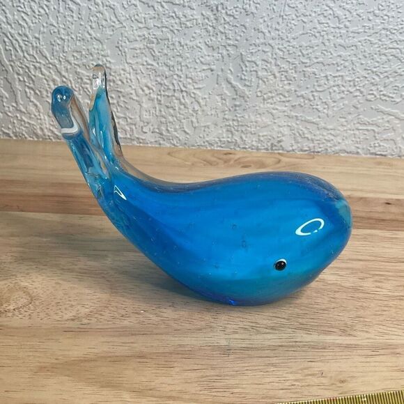 Vintage Murano Style Blue Hand Blown Art Glass Paperweight Blue Whale Figurine - Picture 6 of 11